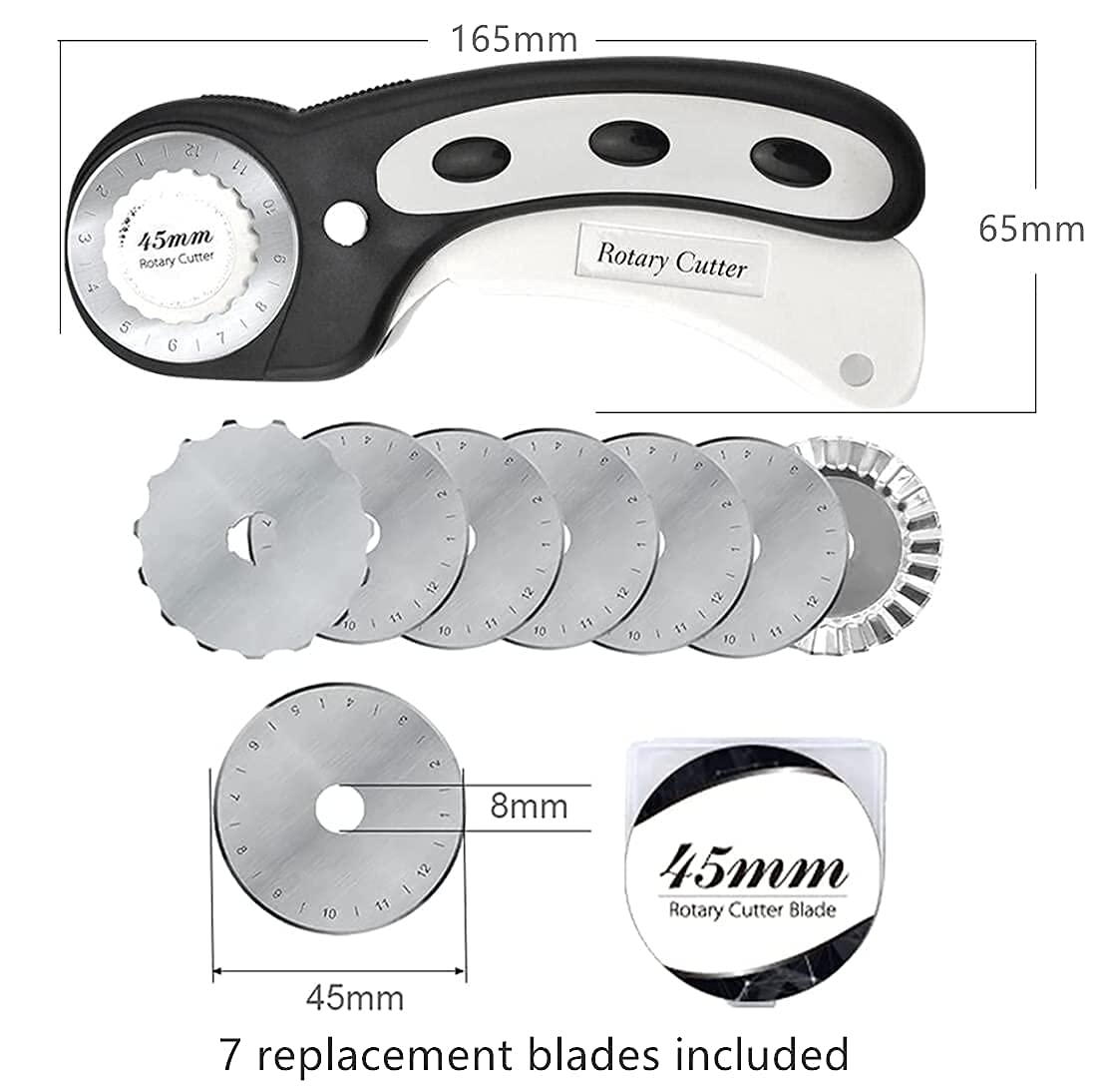 45mm Rotary Cutter with 7pcs Replacement Blades, Ergonomic Handle Rolling Cutter with Safety Lock for Fabric, Leather, Paper, Crafting, Sewing, Quilting, Perfect for Left & Right Hand(Black) Black 45mm rotary cutter