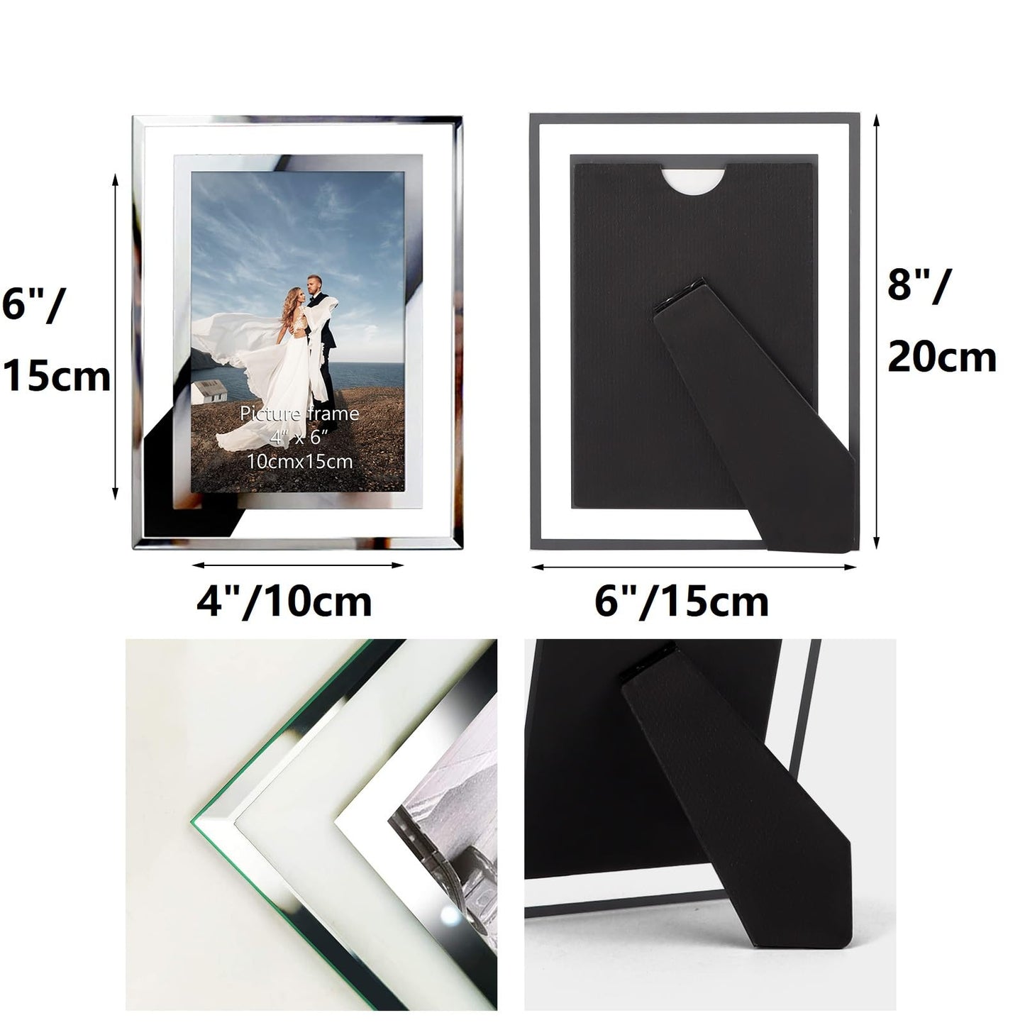 4x6 Picture Frames, Mirrored Glass Photo Frame 4 by 6 for Tabletop Display Horizontally or Vertically, 6 Pack Clear 4x6 inch