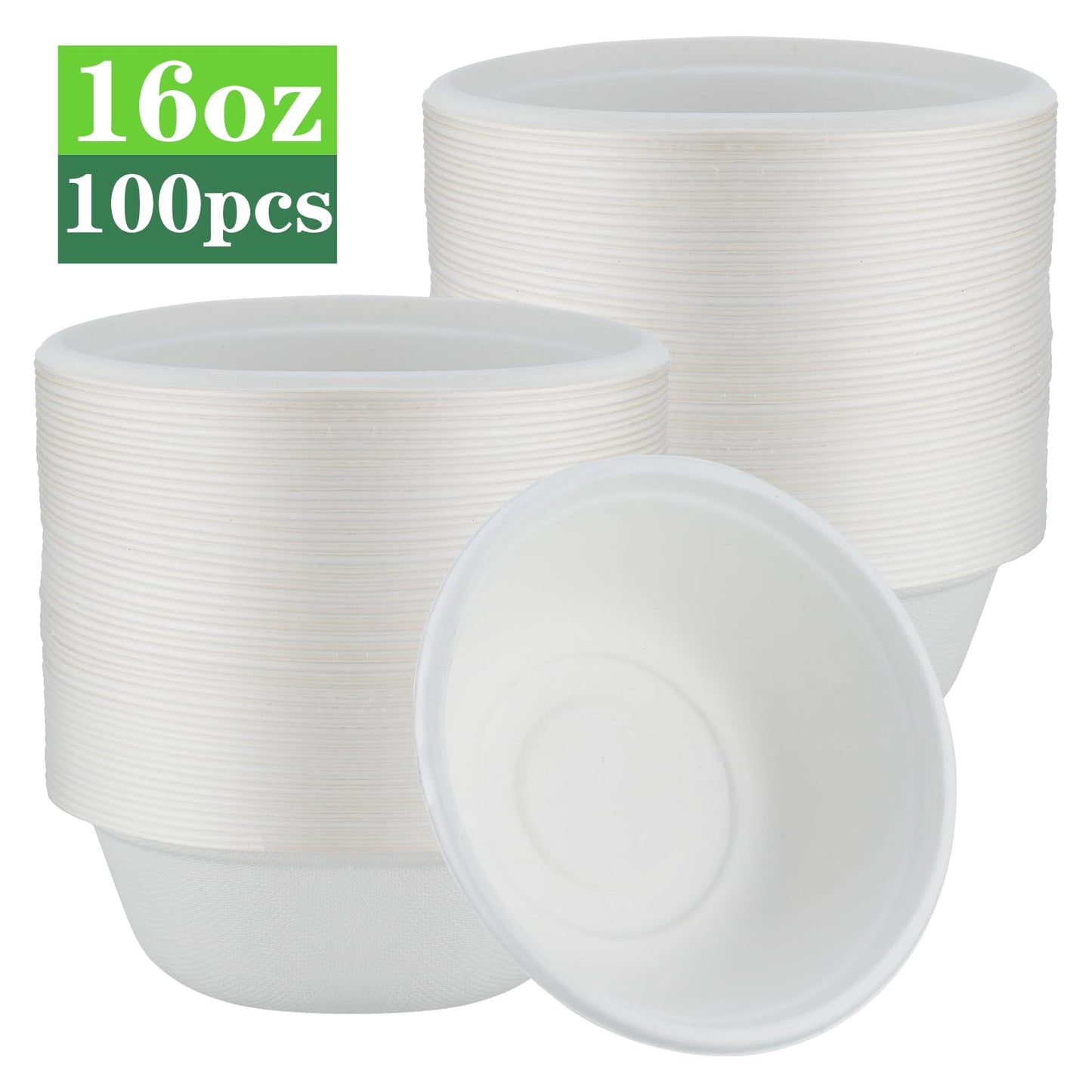 100Pcs Disposable Paper Bowls,16OZ White Rigid Bagasse Bowls Compostable Sugarcane Bowls for Salad,Dessert,Milk,Cereals Restaurants BBQ Party