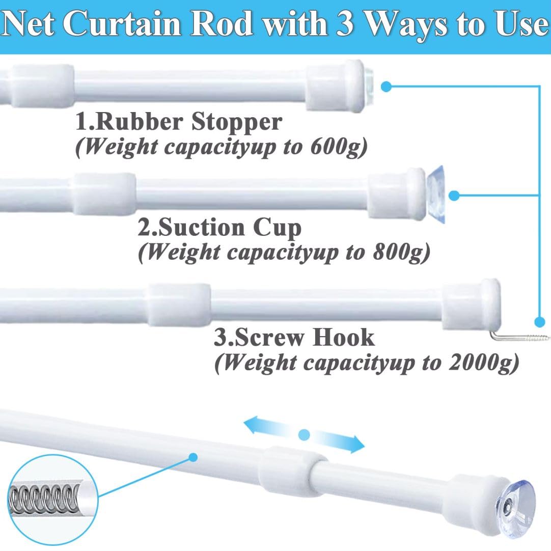 2Pcs Small Spring Tension Curtain Rod, Net Rod Extendable, Telescopic Curtain Rod for Net Curtain, Window, Kitchen (70-120CM/27.56-47.2Inch,White, Diameter: 10mm/7.8mm) White 70-120CM/27.56-47.2Inch(2PCS)