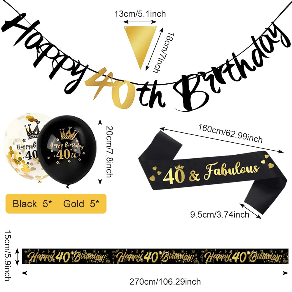 14 Pieces 40th Happy Birthday Decorations Kit, Birthday Party Decoration Including Party Supplies Birthday Straps 9ft Banner Triangle Flags Confetti Latex Balloons