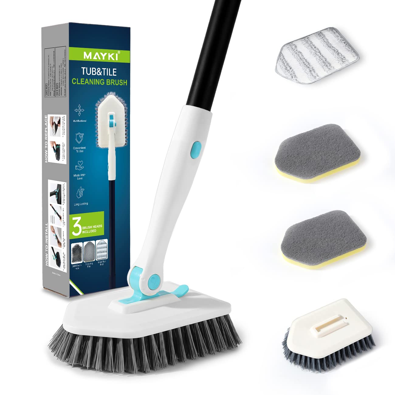 3-In-1 Shower Cleaning Brush with 51'' Long Handle, Fixable Bathroom Cleaning Brush, Long Handled Scrubbing Brush for Bathroom Tile, Adjustable Bathroom Cleaning Products by MAYKI White Cleaning Brush Set