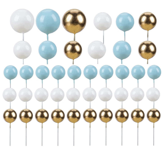 42pcs Balloon Cake Topper, Ball Cake Decorations Acrylic Cake Topper Mini Balloon DIY Cake Insert Cupcake Topper for Birthday Party Wedding Baby Shower Cake Decorations (White,Blue,Gold)