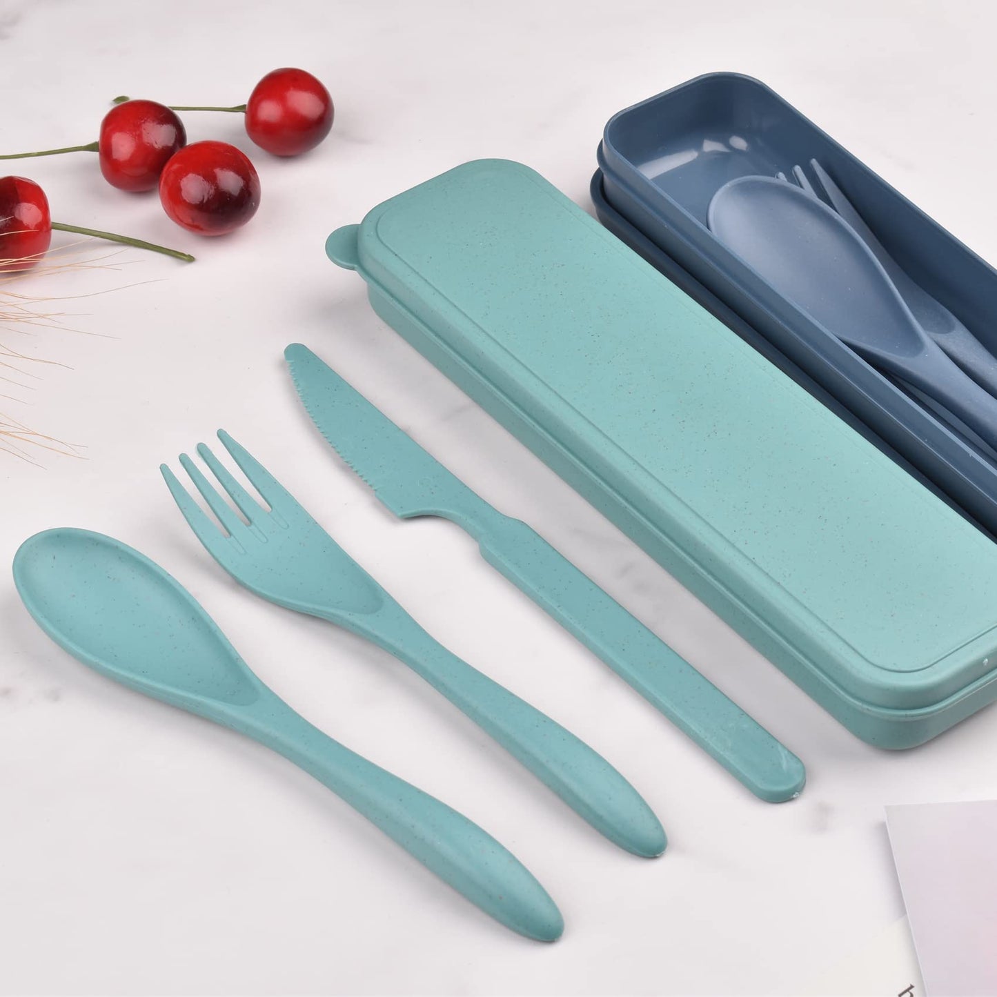 2 Sets Reusable Cutlery Set with Case, Travel Fork Knife Spoon Set, Portable Plastic Cutlery Set for Picnic School Office Lunch (1) Blue, Green