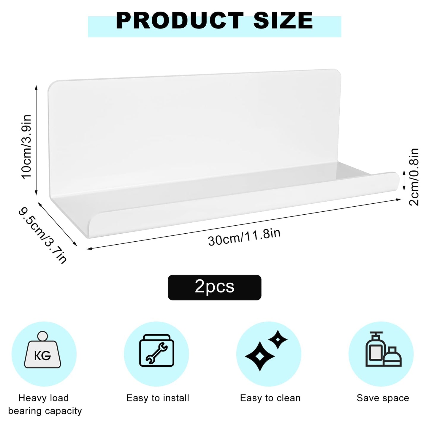 2 Pcs Acrylic Floating Shelves, 30*9.5CM Self Adhesive Acrylic Bathroom Floating Shelves, No Drill Display Shelf, Easily Expand Wall Space Acrylic Adhesive Shelves for Bathroom, Bedroom, Living Room