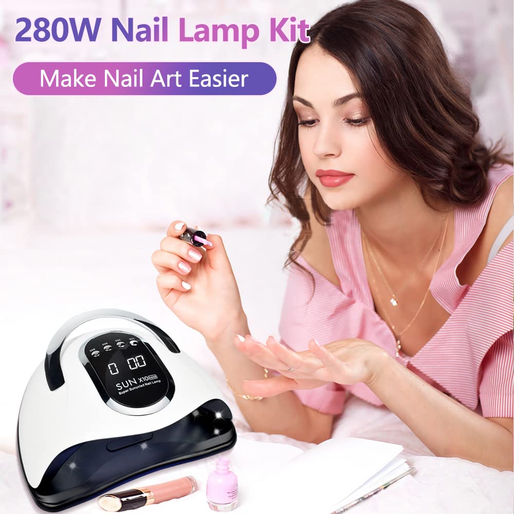 280W UV LED Nail Lamp, Fast Nail Curing Lamps for Home & Salon, 66 Beads Dryer for Gel Polish with Automatic Sensor/4 Timer Setting, Handle Professional Art Tools