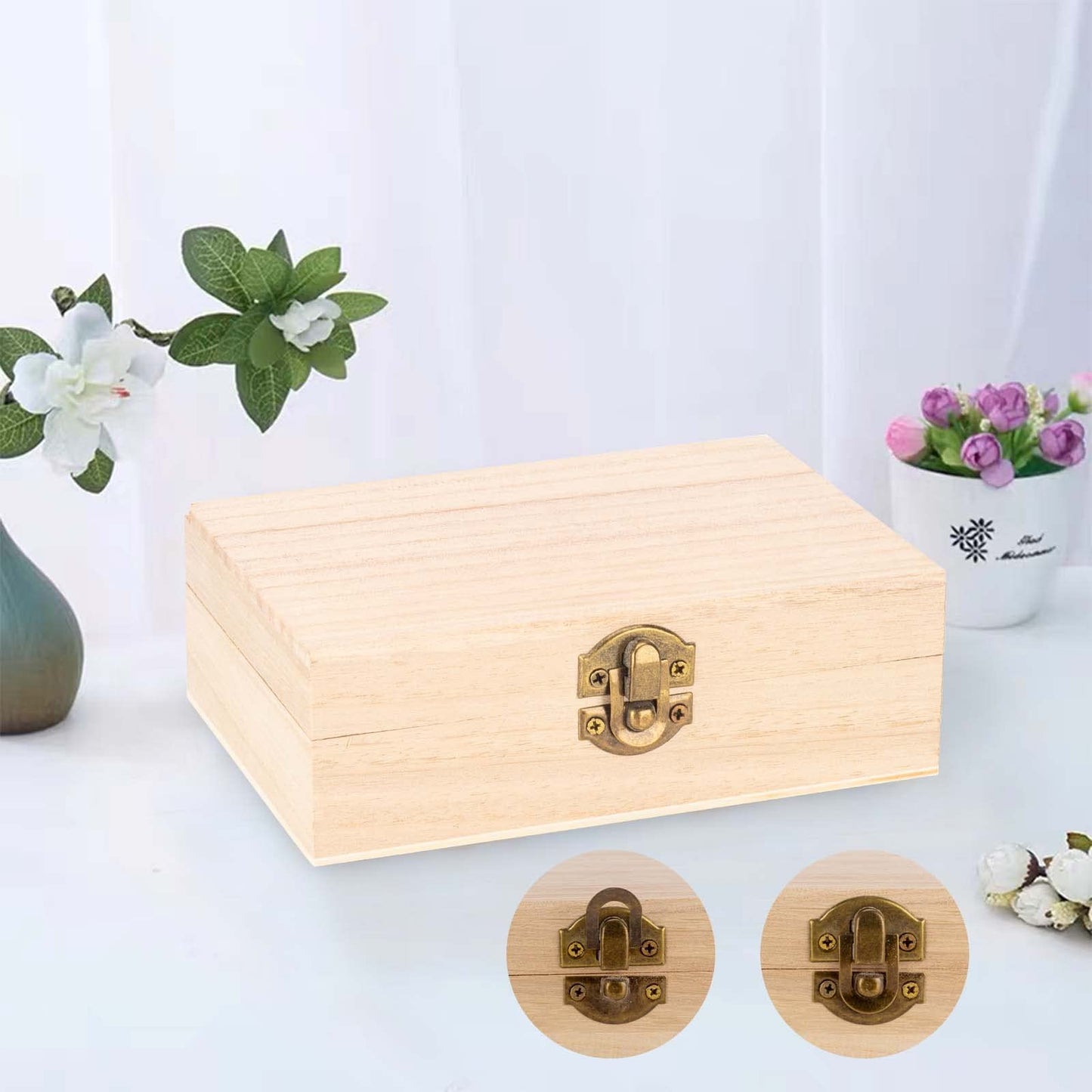 6 Pieces Unfinished Pine Wood Box with Hinged Lid Treasure Boxes with Locking Clasp Treasure Chest Decorate Wooden Boxes for DIY Crafting Gift Storage Box, 15 x 10 x 5 cm