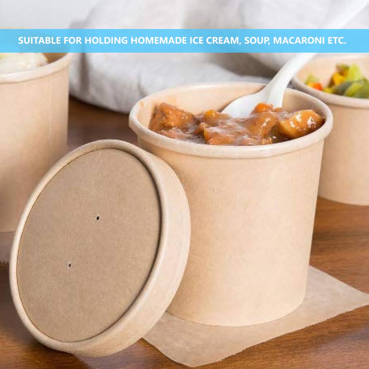 16oz Brown Kraft Disposable Soup Containers with Lids 50 Pcs of Paper Soup Bowls Takeaway Tubs Perfect for Ice Cream and Deli Containers (475ml) 16oz