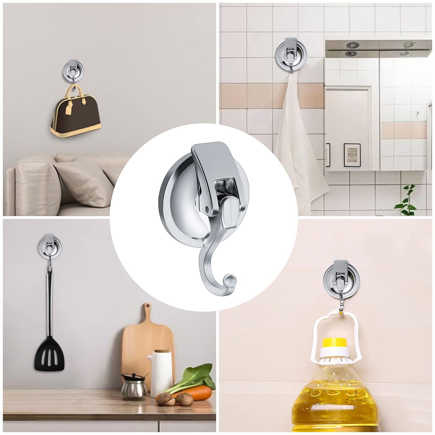 2 Pack Suction Hooks, Vacuum Suction Cup Hooks Powerful Push Removable Heavy Duty Hooks for Kitchen, Bathroom and Living Room Pendants with a Maximum Load of 5KG