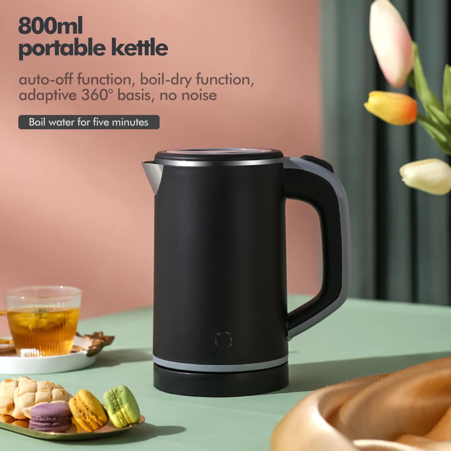 800ml Kettles Electric Travel Compact Travel Electric Kettles Cordless Fast Boil Quiet Electric Kettles Auto Shut-Off & Boil-Dry Protection Ideal for Home, Office, Hotel (Black)