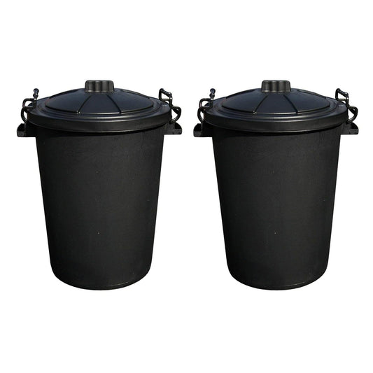 (Set of 2) - 50L Black Litre Heavy Duty Plastic Clip Lock Lid Bin Bright Colour Bins Indoor or Outdoor Rubbish, Dustbin, Trash Can, Waste or Storage of Animal Feed For Home and Garden.