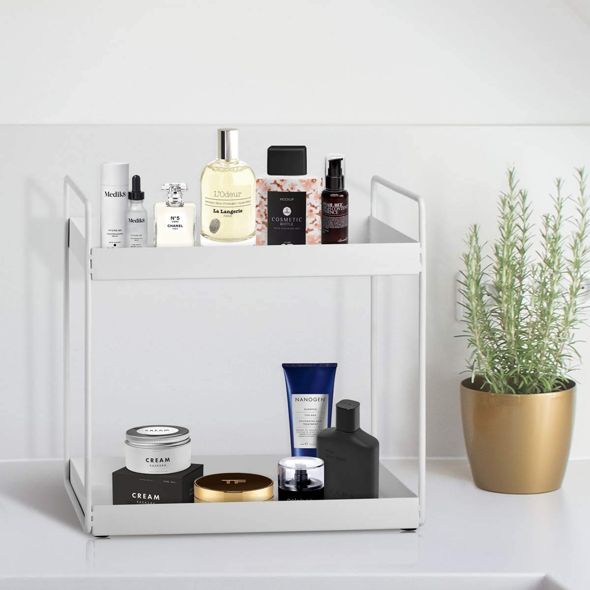 2-Tier Bathroom Countertop Organiser Vanity Tray Cosmetic & Makeup Storage Kitchen Spice Rack Standing Shelf, White