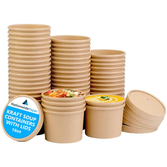 16oz Brown Kraft Disposable Soup Containers with Lids 50 Pcs of Paper Soup Bowls Takeaway Tubs Perfect for Ice Cream and Deli Containers (475ml) 16oz