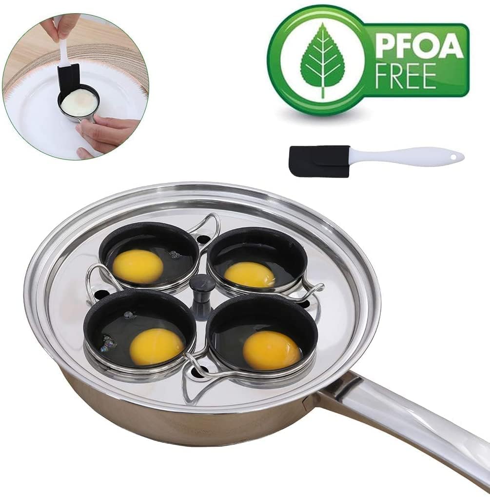 4 Cups Egg Poacher Pan - Stainless Steel Poached Egg Cooker – Induction Cooktop Egg Poachers Cookware Set with 4 Nonstick Large PFOA FREE Egg Poacher Cups and Silicone Spatula 4 cups