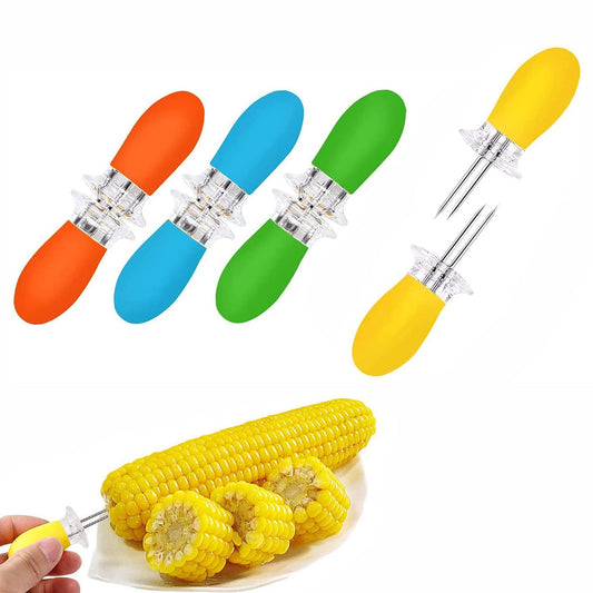 8Pcs/4Pairs Corn Holders, Stainless Steel Corn Forks, Corn Cob Holders, BBQ Skewers for Corn on The Cob Skewers with Silicone Handle for Home Kitchen Cooking, Barbecue, Picnic