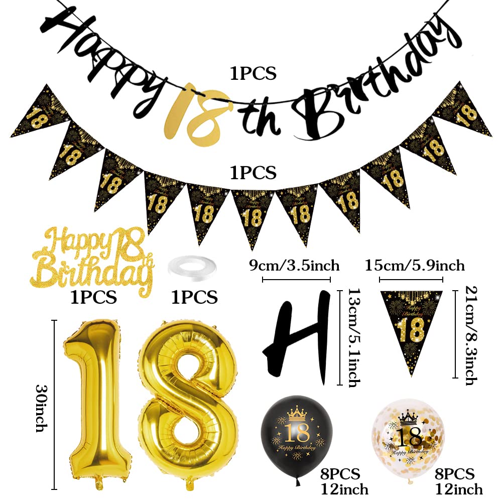 18th Birthday Decoration, 18 Party Decoration Black Gold Balloons Birthday, 18th Birthday Women Men 18th Happy Birthday Banner Triangle 18 Balloon Decoration for Woman Birthday Party Cake Topper