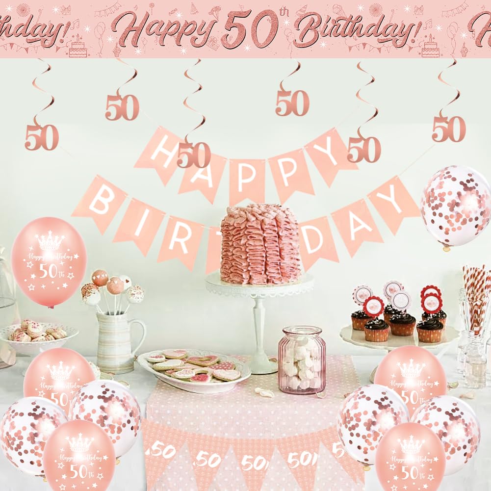 50th Birthday Decorations for Women-Rose Gold 50th Birthday Banners for Her,50th Party Decor Happy 50th Birthday Banner Bunting Foil Hanging Swirls Triangle Flags Confetti Latex Balloons Pink 50th Birthday Set