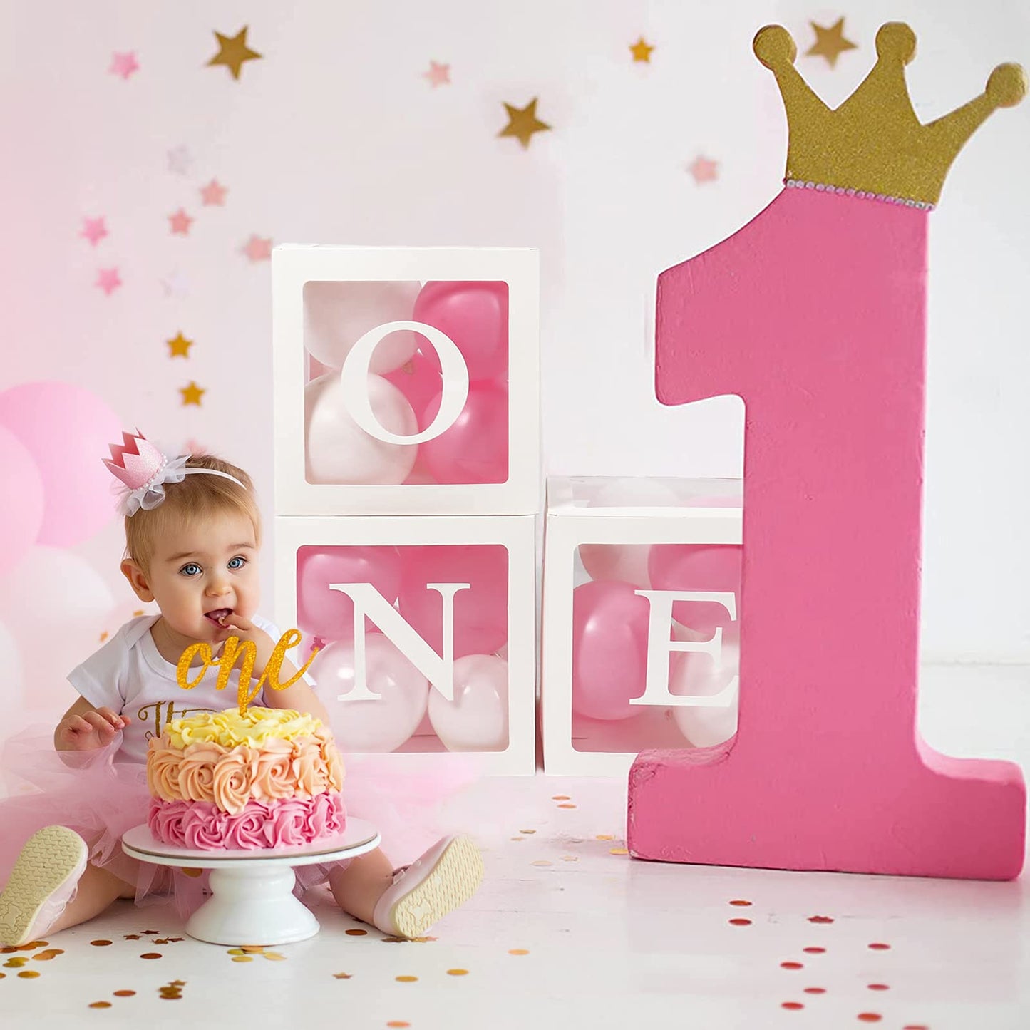 1st Birthday Decorations for Girls, One Balloon Boxes for 1st Birthday, 3Pcs Balloon Boxes with 24 Balloons and ONE Letters, Girl First Birthday Decorations, 1 One Year Old Birthday Party Supplies Pink