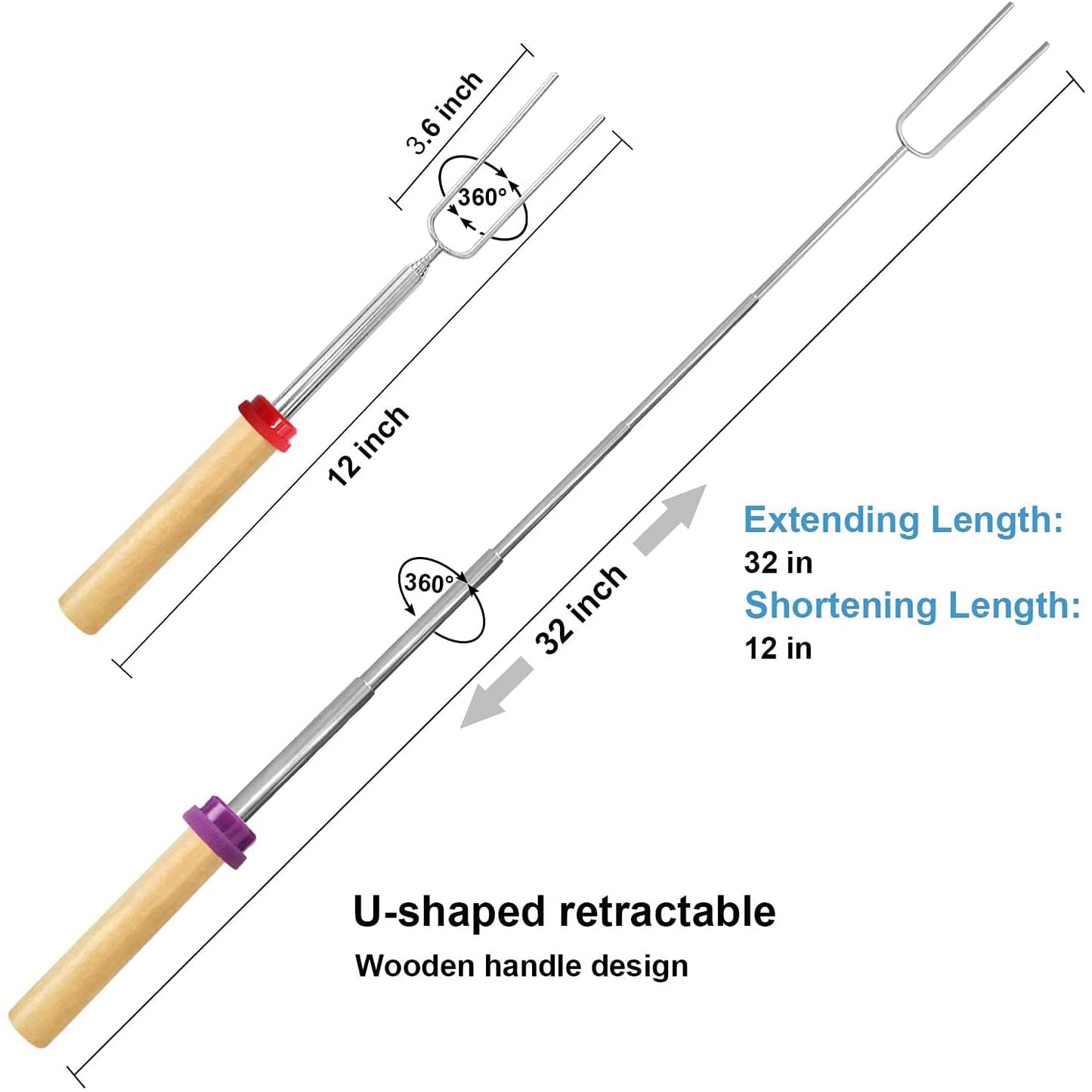 8 Pack Barbecue Forks, Marshmallow Roasting Sticks Extendable Stainless Steel Hot Dog Fork with Wooden Handle Retractable BBQ Telescoping Skewers for Camping, Bonfire, Fireplace, Picnic