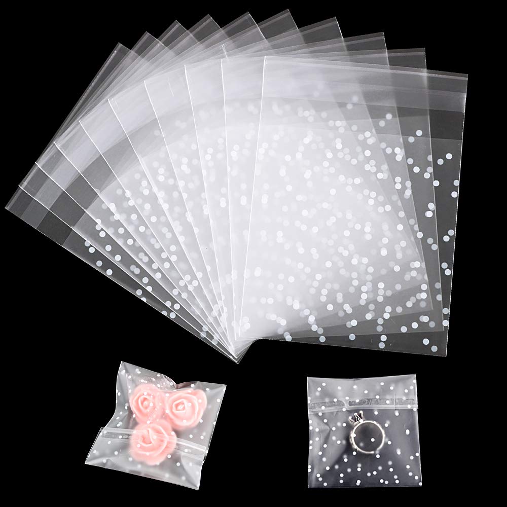 200 Pcs Clear Plastic Bags Thickened Self-adhesive Small Gift Bags Clear White Polka Dot Packaging Bag Party Candy Chocolate Bag 7x7.3cm+2.4cm