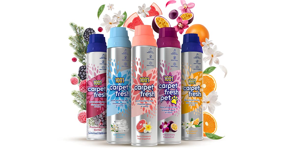 1001 Carpet Fresh Exotic Flowers & Pink Grapefruit Fragrance – Quick drying, For use On Carpet Rug Upholstery Freshening Foam Pet Odour Remover, Pack of 6 300ml Aerosol Spray Can