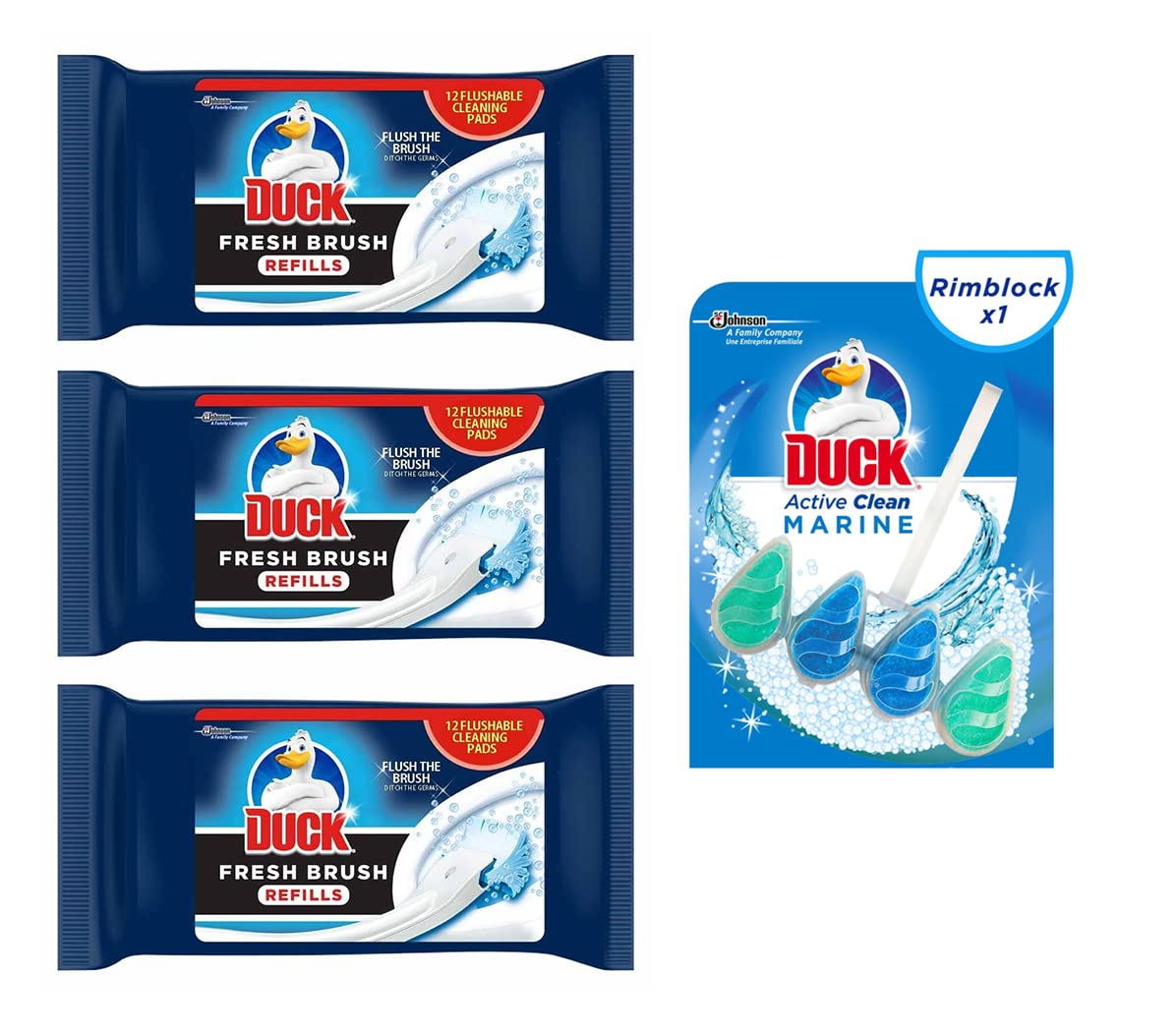 3 Packs of Duck Fresh Brush Refill (3 X 12 Flushable Cleaning Pads) with Duck Active Clean Rim Block