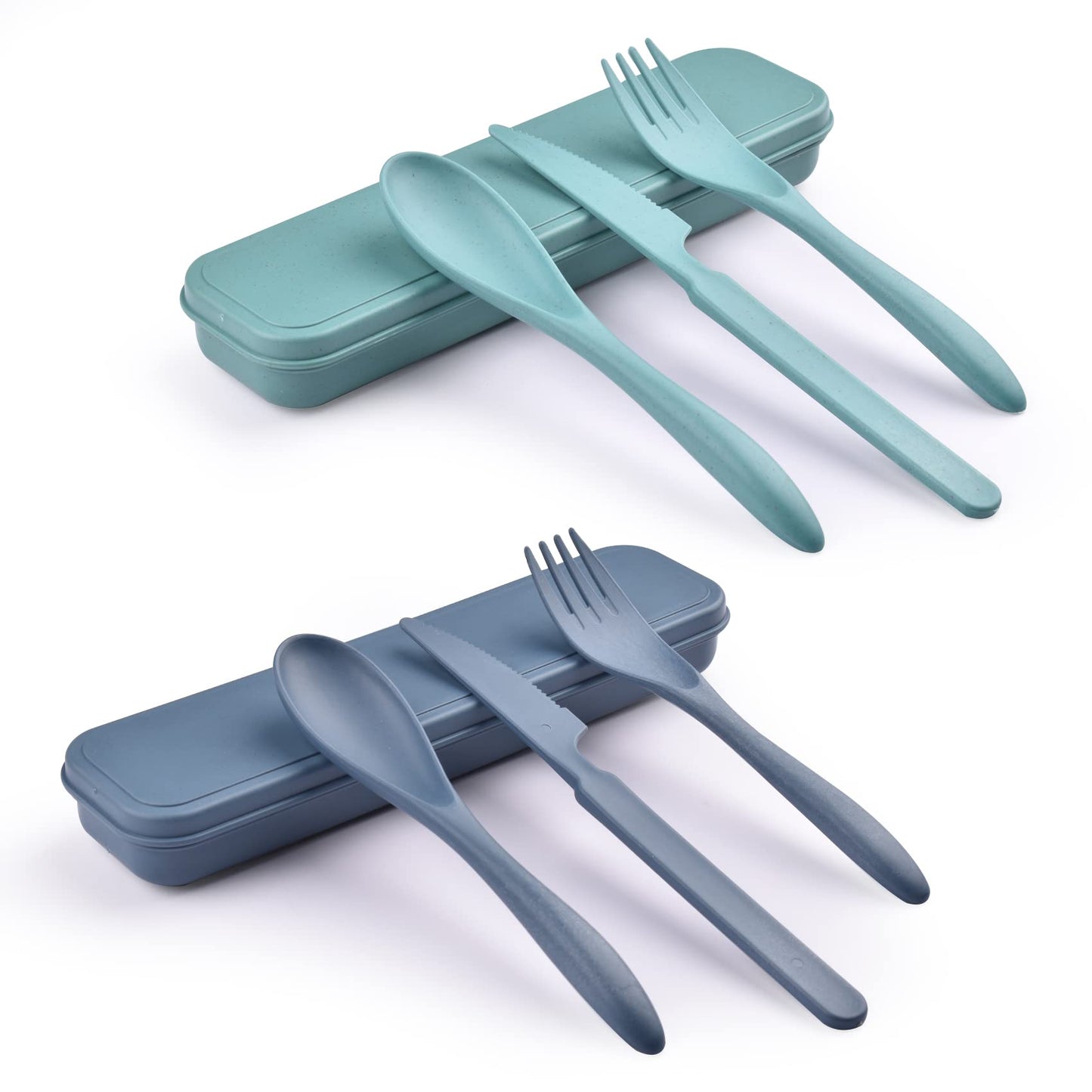 2 Sets Reusable Cutlery Set with Case, Travel Fork Knife Spoon Set, Portable Plastic Cutlery Set for Picnic School Office Lunch (1) Blue, Green