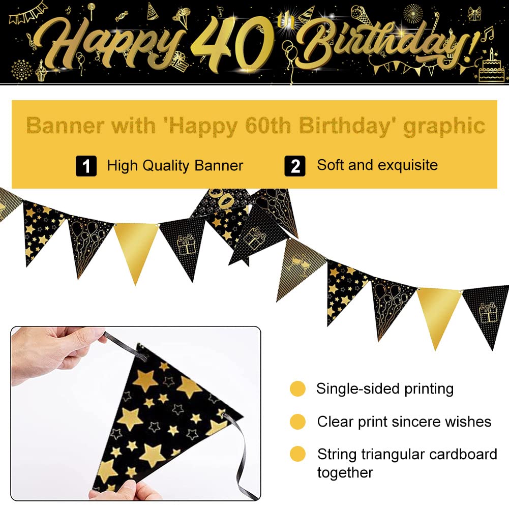 14 Pieces 40th Happy Birthday Decorations Kit, Birthday Party Decoration Including Party Supplies Birthday Straps 9ft Banner Triangle Flags Confetti Latex Balloons