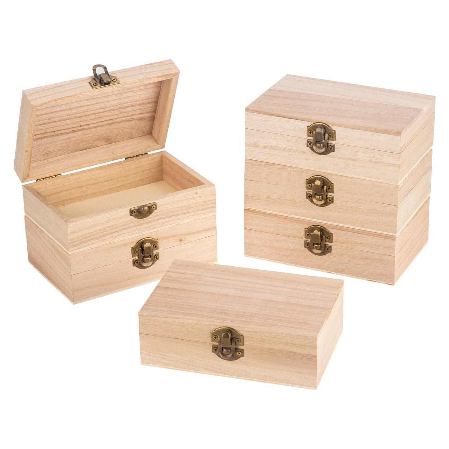 6 Pieces Unfinished Pine Wood Box with Hinged Lid Treasure Boxes with Locking Clasp Treasure Chest Decorate Wooden Boxes for DIY Crafting Gift Storage Box, 15 x 10 x 5 cm