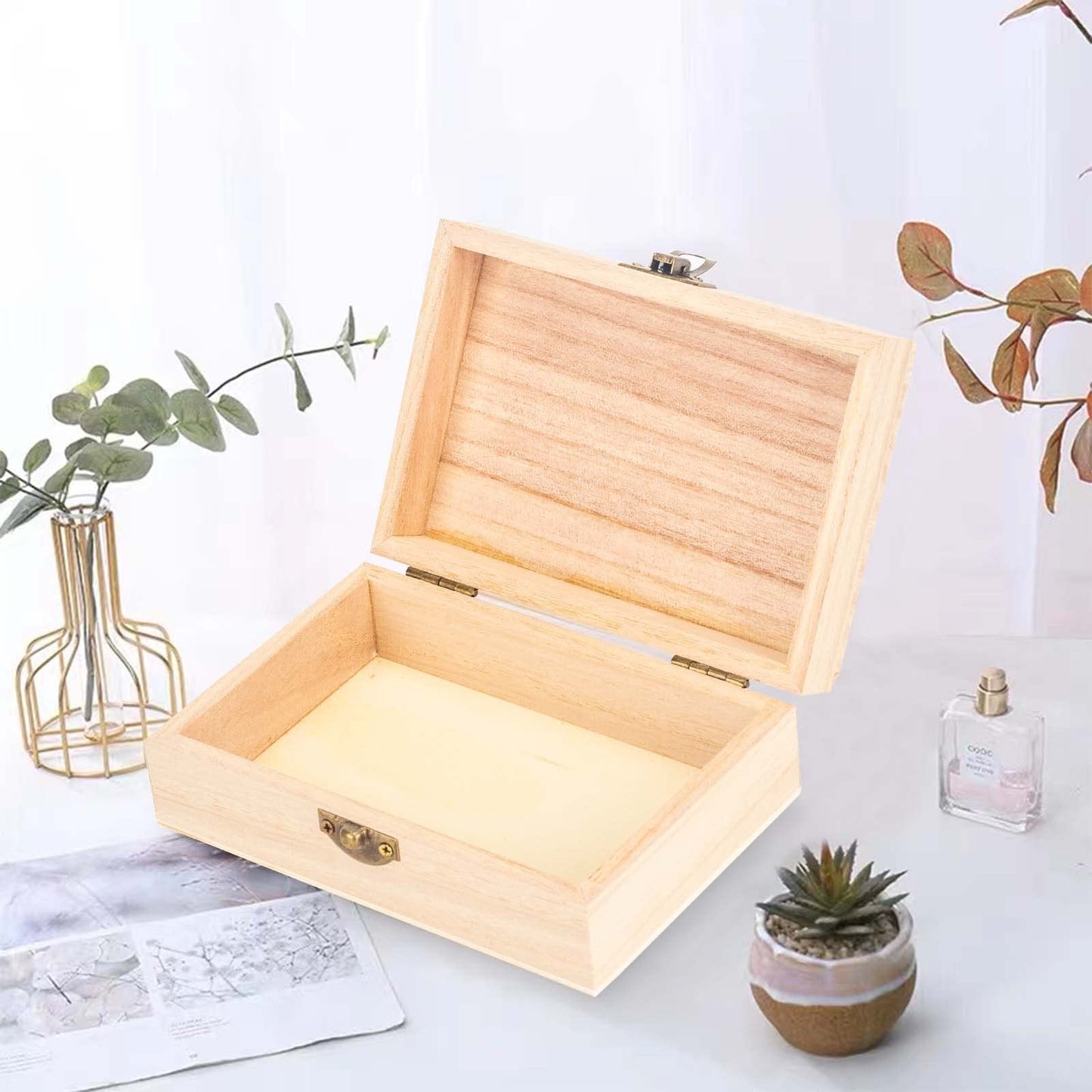 6 Pieces Unfinished Pine Wood Box with Hinged Lid Treasure Boxes with Locking Clasp Treasure Chest Decorate Wooden Boxes for DIY Crafting Gift Storage Box, 15 x 10 x 5 cm