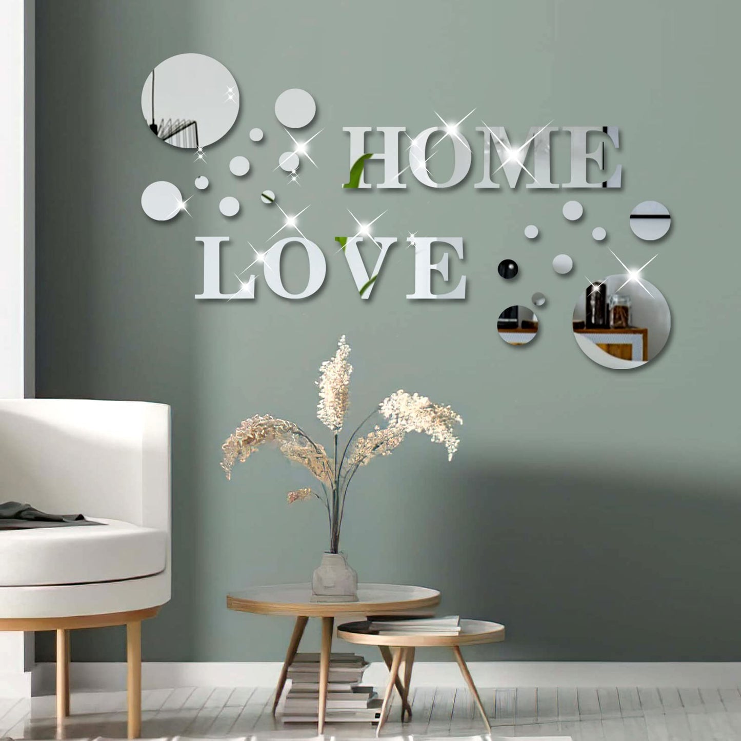 26 Pieces Acrylic 3D Mirror Wall Stickers Home Sign & Love Letters and Round Shaped,DIY Mirror Effect Wall Decals Removable Decor for Living Room Bedroom TV Background,Modern Fashion Home Decoration Silver