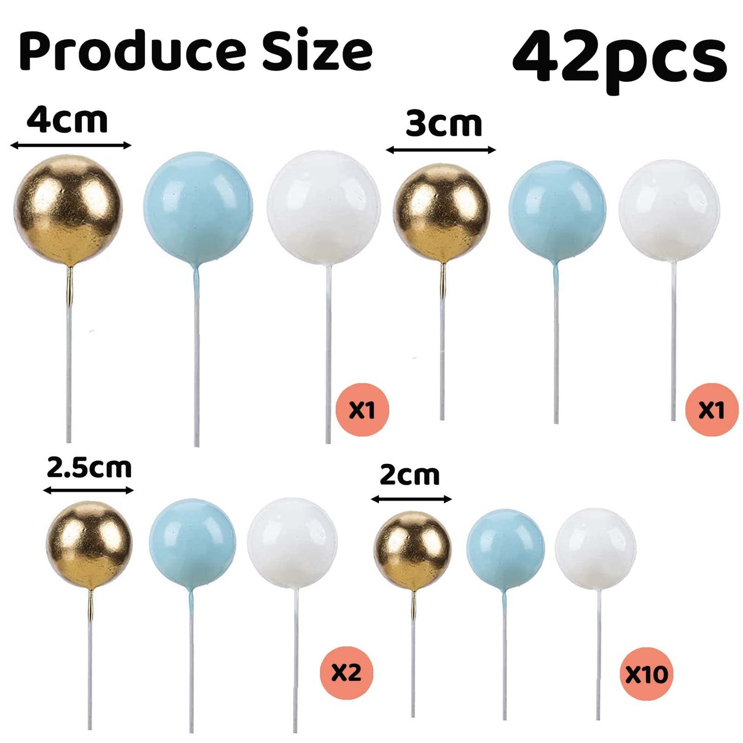 42pcs Balloon Cake Topper, Ball Cake Decorations Acrylic Cake Topper Mini Balloon DIY Cake Insert Cupcake Topper for Birthday Party Wedding Baby Shower Cake Decorations (White,Blue,Gold)