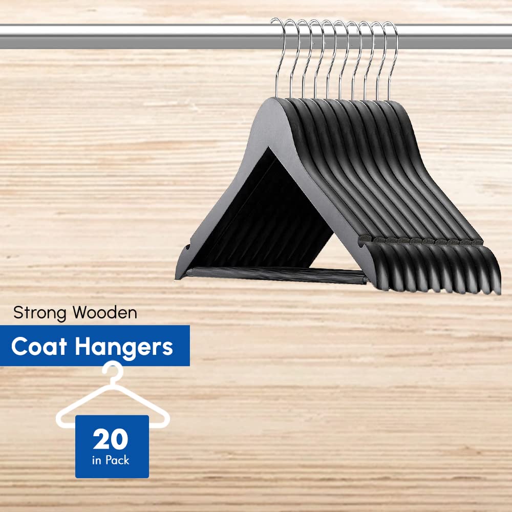 1ABOVE Strong Black Wooden | Made By Natural Wood and Non-Slip Trouser bar | Coat Hangers | Strong Shoulder Notches (20) 20