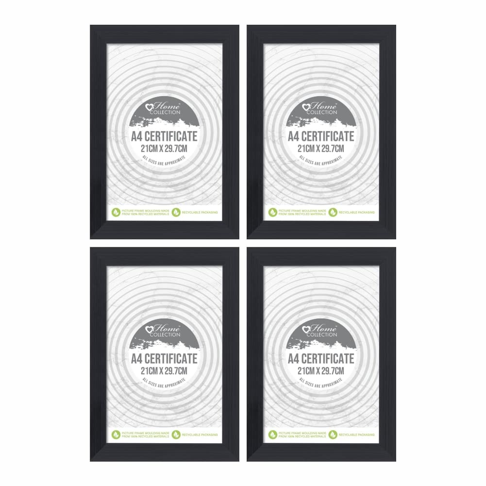 (Set of 4) - A4 Black Photo Frame Glass Front A4 Size Picture Frames Certificate Wood Effect Posters Portrait Landscape Wall Mountable Modern Picture Hang Hook Frame Display For Home Office Wall Decor