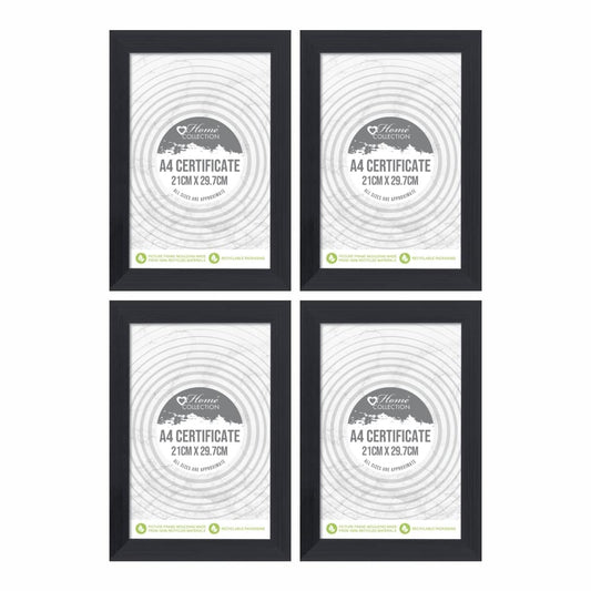 (Set of 4) - A4 Black Photo Frame Glass Front A4 Size Picture Frames Certificate Wood Effect Posters Portrait Landscape Wall Mountable Modern Picture Hang Hook Frame Display For Home Office Wall Decor