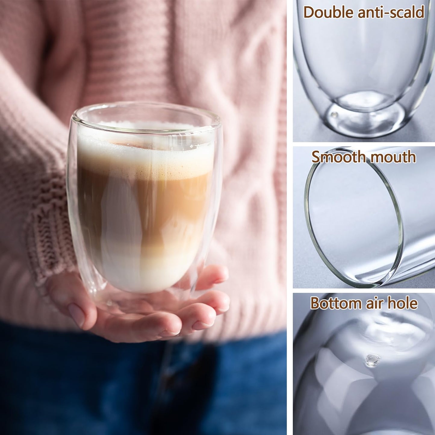 6x350ml Double Walled Glass Coffee Mugs with Spoon, Heat Resistant, Clear Double Glass Coffee Cups for Cappuccino Latte Tea Juice Milk Ice Cream