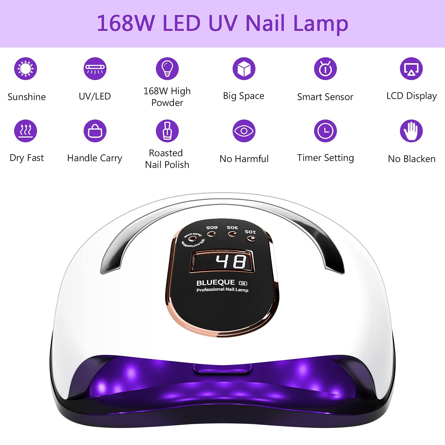 168W LED UV Nail Lamp, Professional Gel Nail Kits with UV Lamp Faster Nail Dryer Light with 4 Timers, Auto Sensor, LCD Display, Low Heat for Quickly Cure UV Led Gel Polish/Acrylic Builder/Home/Salon