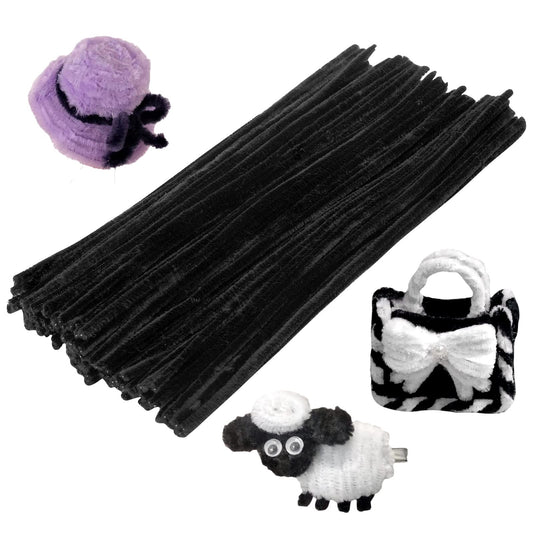 100 PCS Pipe Cleaner Chenille Stem, Black Pipe Cleaner For Crafts Handy Disposable Cleaning Tool—6 mm x 12” for DIY Art Craft Decorations