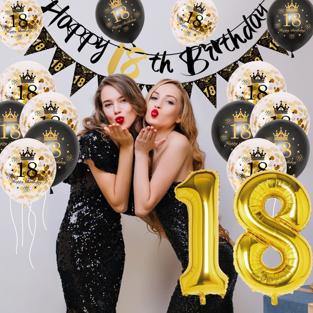 18th Birthday Decoration, 18 Party Decoration Black Gold Balloons Birthday, 18th Birthday Women Men 18th Happy Birthday Banner Triangle 18 Balloon Decoration for Woman Birthday Party Cake Topper