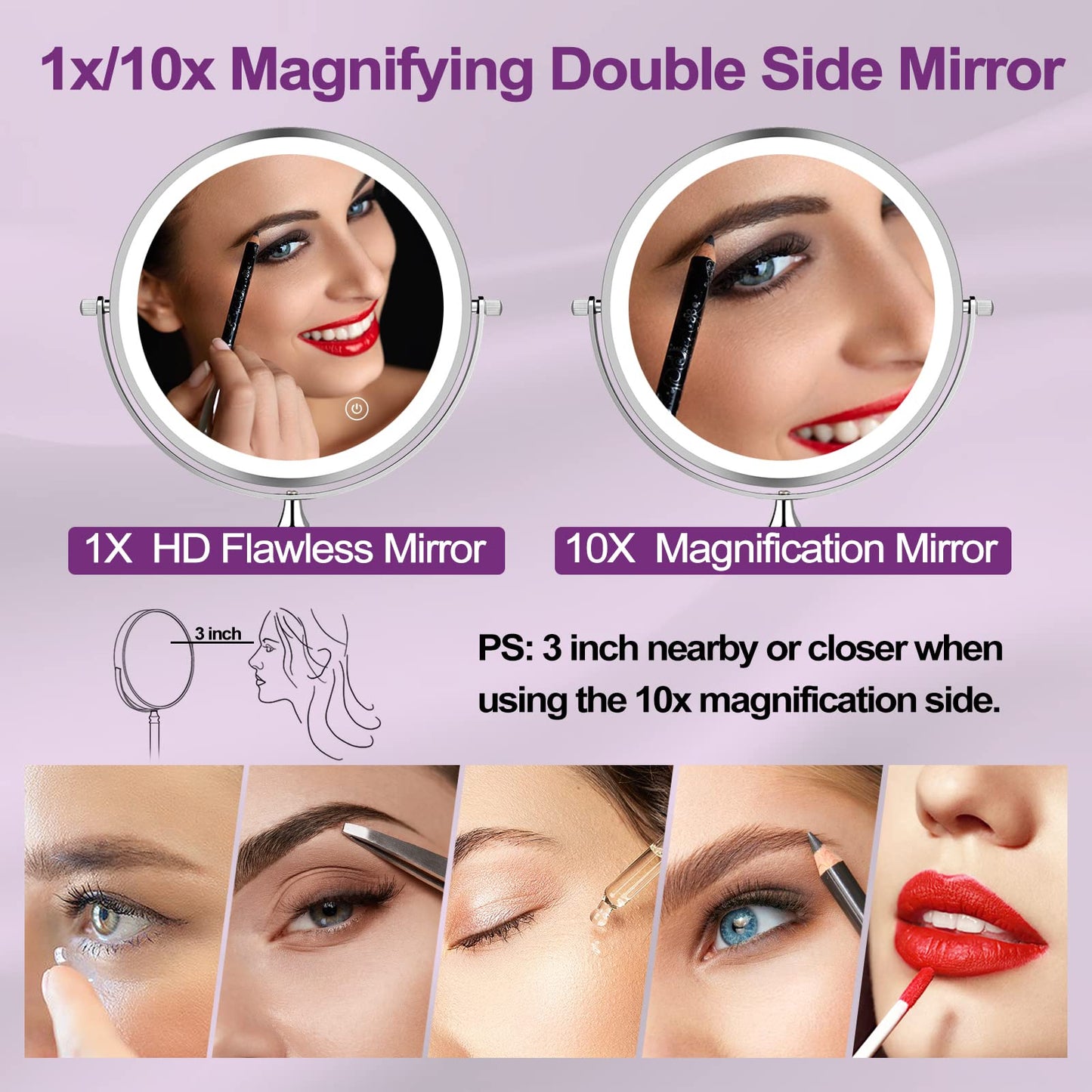 8in Rechargeable Lighted Makeup Mirror with 3 Color Lights Dimmable Double Sided 1X/10X Magnifying Mirror Touch Screen