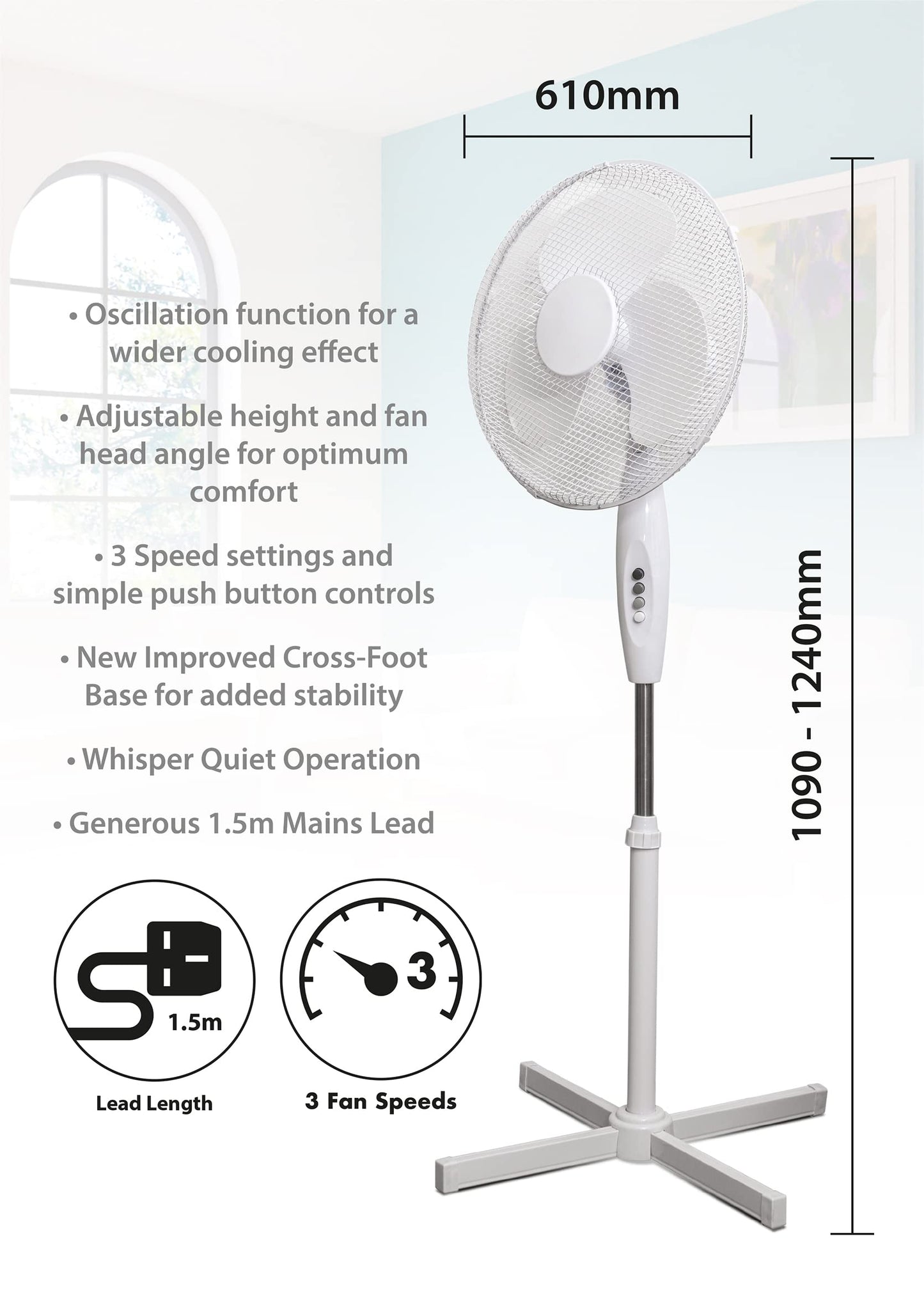 16" Standing Fan - 3 Speed Settings - Oscillating