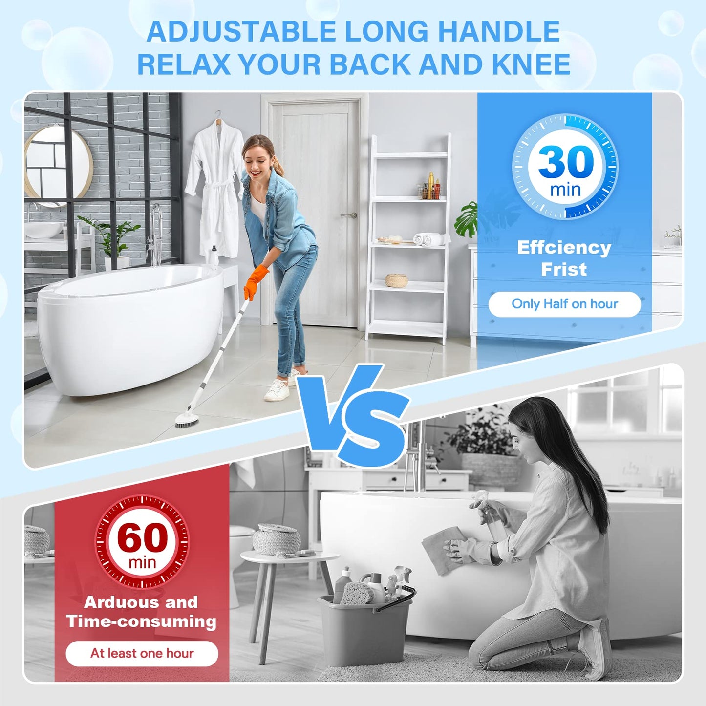 3 in 1 Tub and Tile Scrubber Bathroom Cleaner Shower Cleaning Brush 51.5” Detachable Long Handle, Stiff Bristles Scrub Brush Cleaning Tool for Bathtub Kitchen Toilet Wall Floor Glass 3PCS