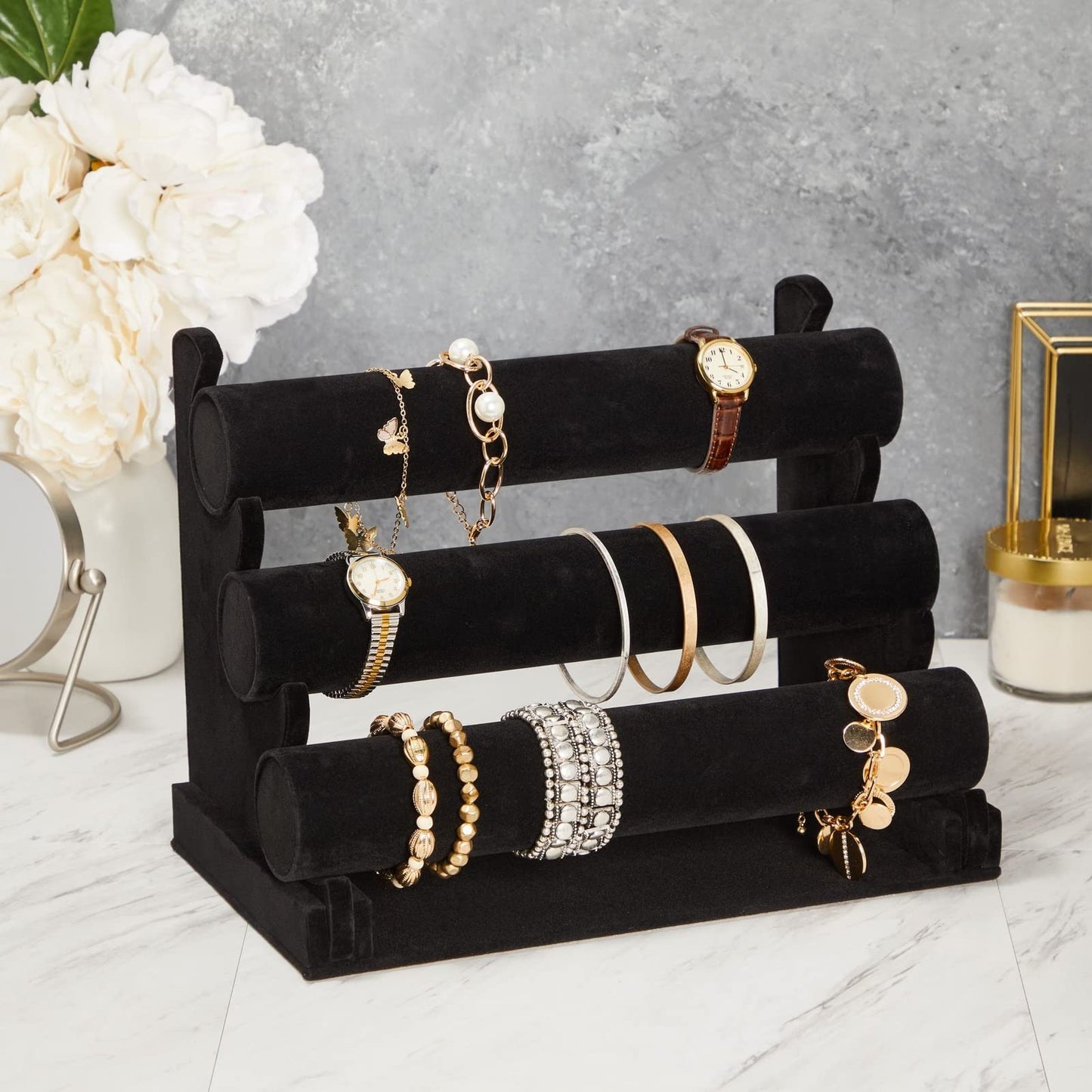 3-Tier Jewellery Display Stand with Removable Bars for Bracelets, Anklets, Watches, Bangles, Black Velvet, 30.5 x 23 x 18 cm