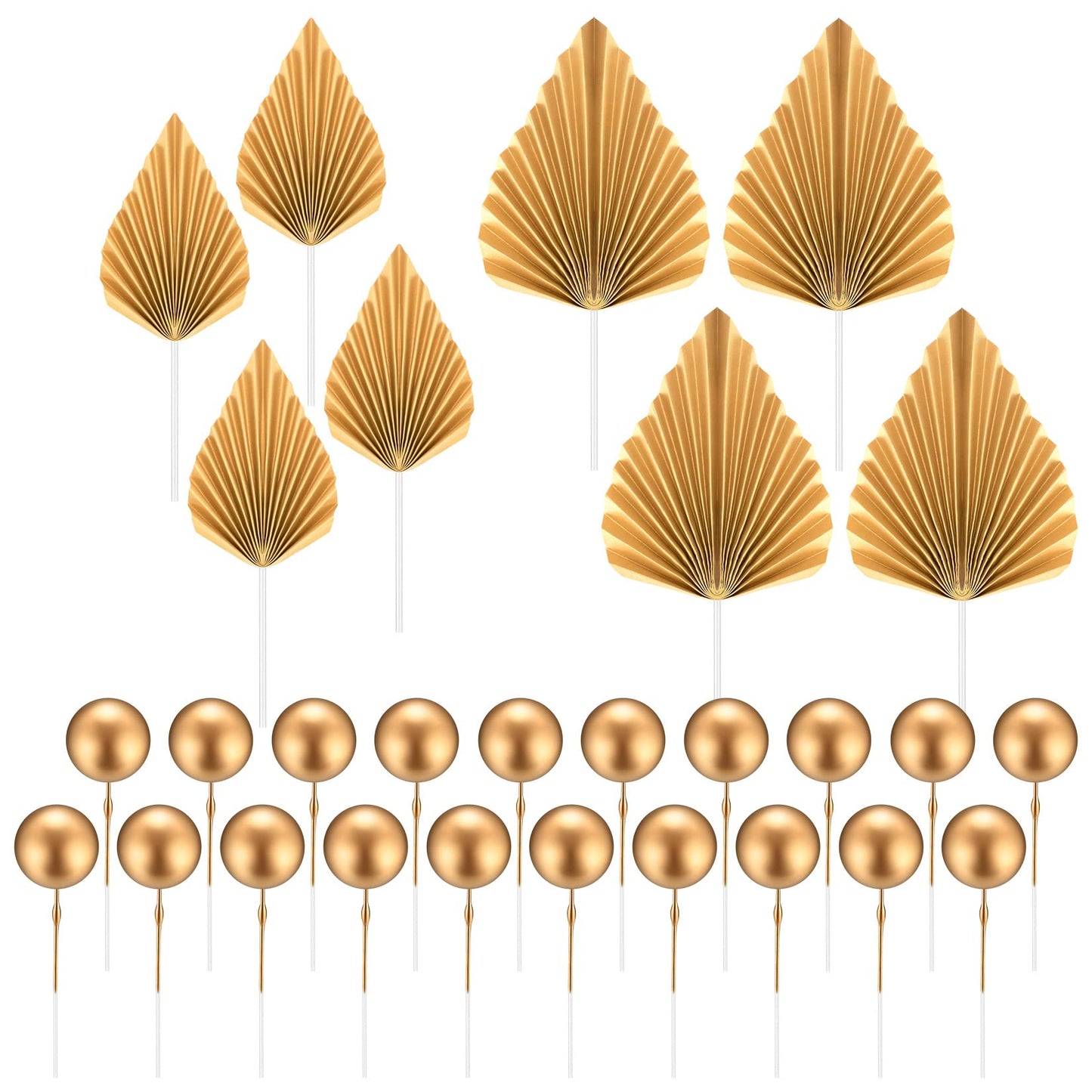 28 Pcs Gold Cake Topper Decorations(8 x Paper Palm Fan Cake Decorations, 20 x Round Ball Cake Insert Decoration), Palm Leaf Cake Toppers, Cupcake Decorations for Birthday Party Wedding Decor