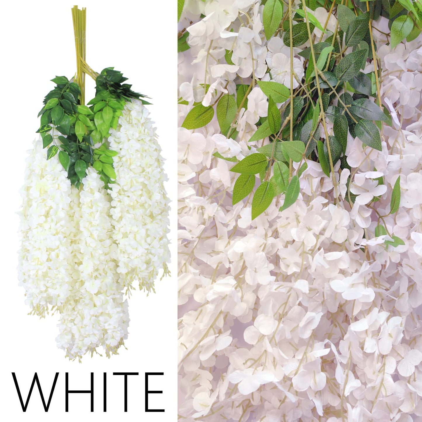 24Pcs Artificial Wisteria Flowers 43 inch/Piece White Dense Artificial Fake Wisteria Vine Ratta Hanging Garland Silk Flowers String Home Party Wedding Decor(White-Dense） 24pcs White-dense