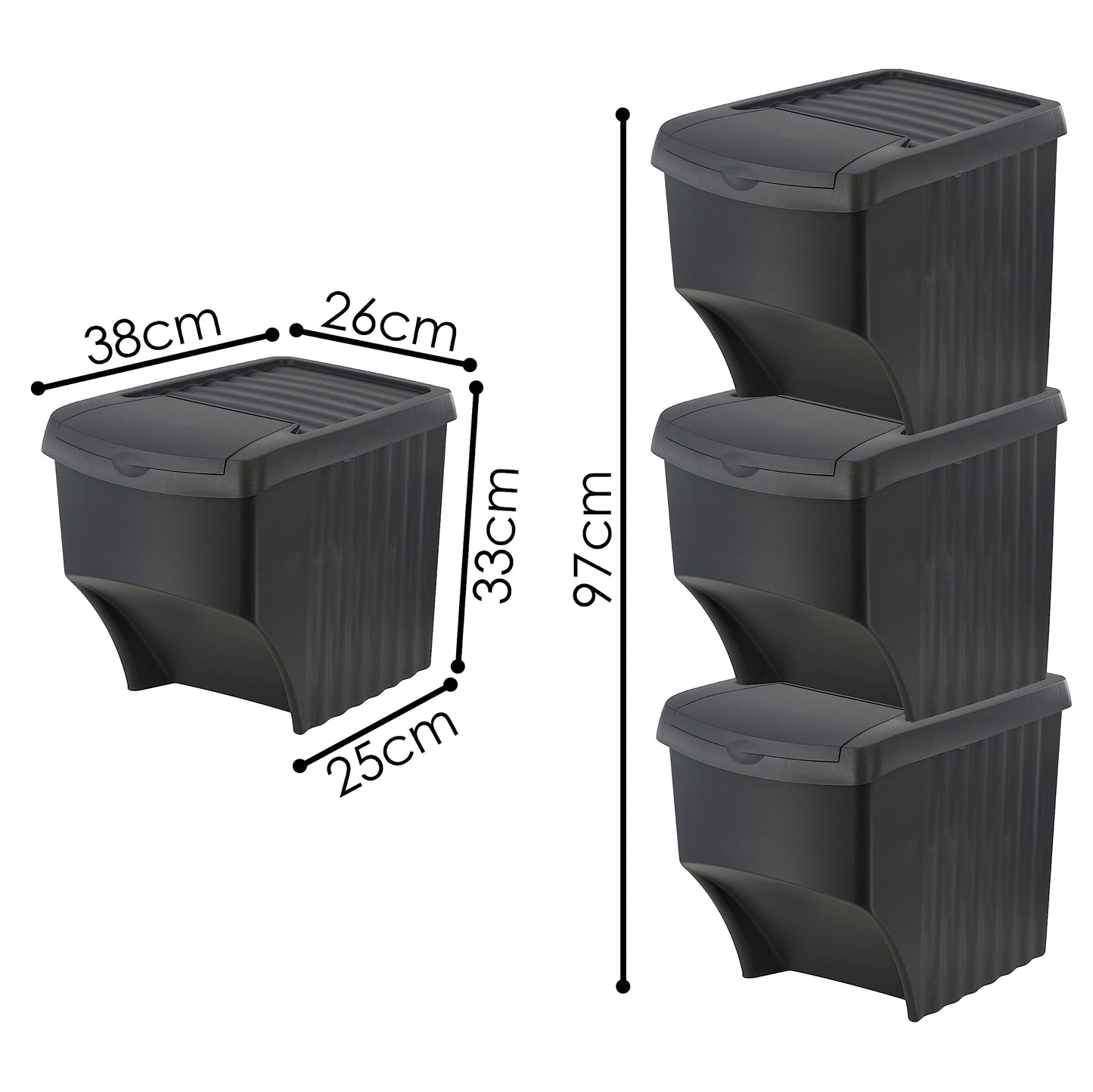 22L Open Fronted Set Of 3 Large Stackable Waste Recycling Bins With Lids Indoor Outdoor Kitchen Garden Durable Plastic Dustbin With Guided Stickers