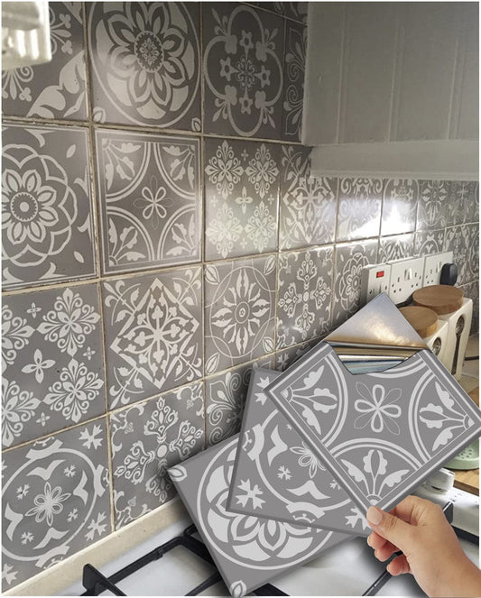 48 Grey Tile Stickers Victorian Mosaic Style Tile Stickers Transfers Cover for Tile Kitchen Bathroom Stick On Wall Peel and Stick Tile Stickers Decals Transfers. (6"- 48 Stickers) 6"- 48 Stickers