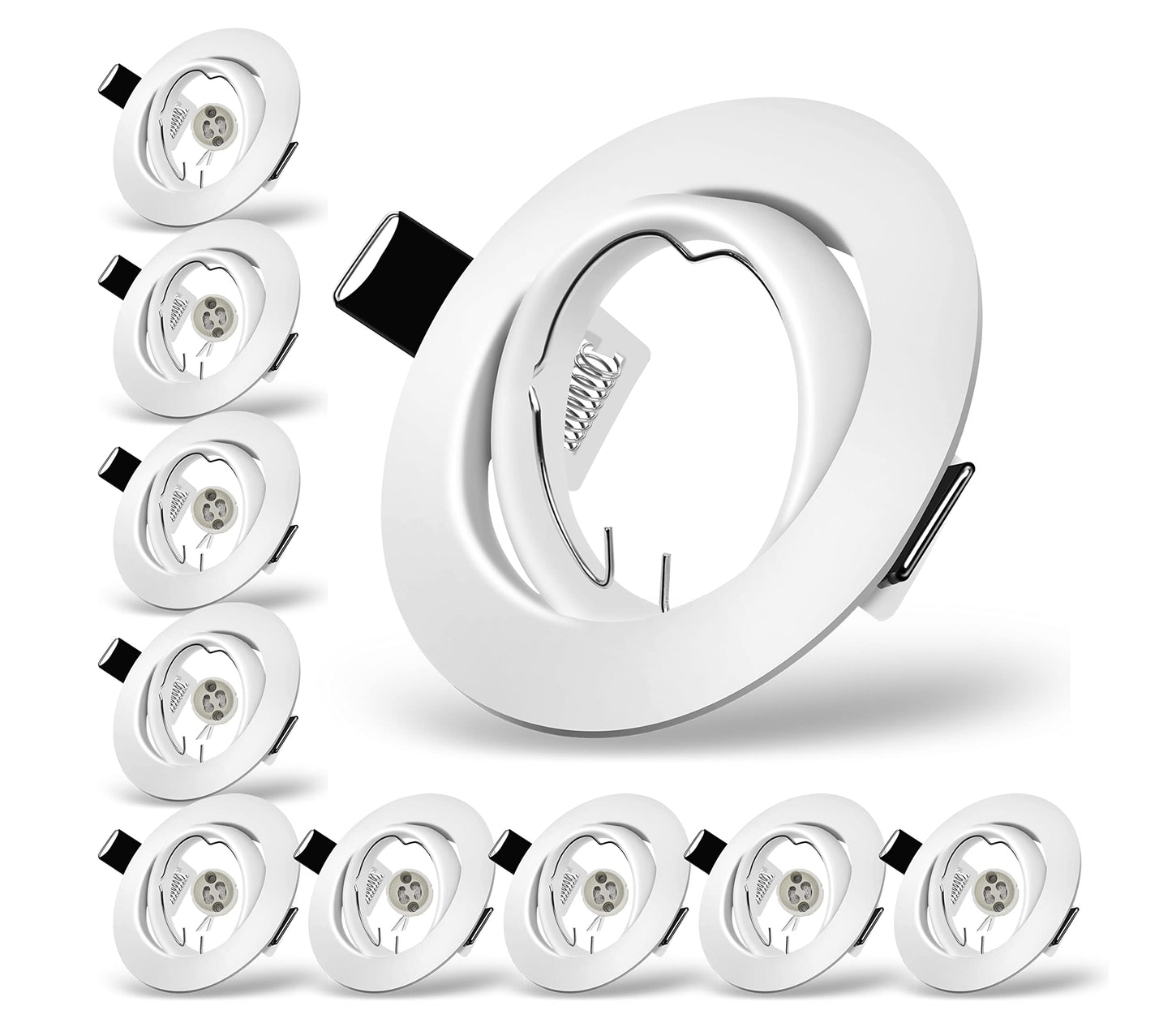 10x Modern GU10 Downlights for Ceiling, Round Matt White Metal Frame for Recessed Ceiling Lights, Tilt Swivel Spotlight - External Dimensions: 90mm, Cut-Out Hole Size:68-80 mm