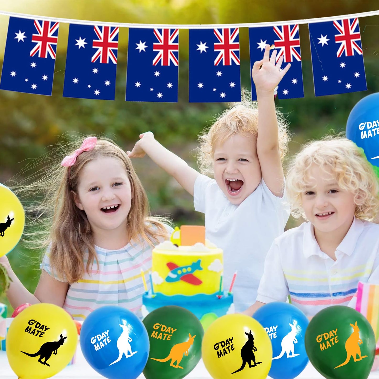 5M Australian Flag Bunting Banner by 20 Pcs Small Australian Flags,18Pcs Kangaroo Balloons Australia Day Balloons and Silvery Grey Ribbons for Australian Party Decorations,Baby Shower Birthday Party