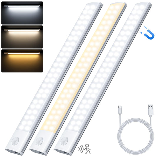 30CM Under Cabinet Kitchen Lights, 3Pack 180 LED Motion Sensor Cupboard Lights Indoor, 2500mAh Wireless Wardrobe Lights USB Rechargeable Battery Operated, Magnetic Closet Light for Stairs, Hallway 3PCS Cabinet Lights